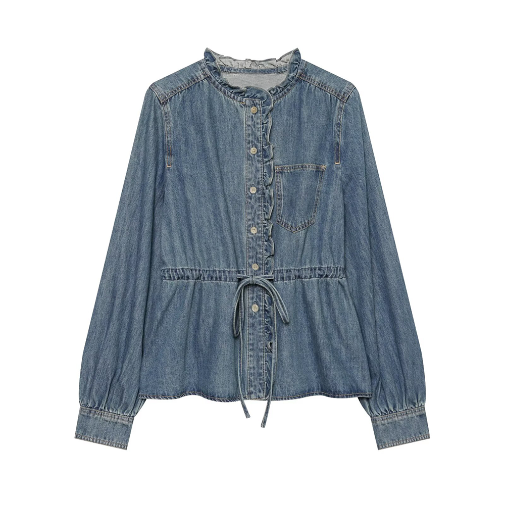 Women's ruffled waistband decorative denim shirt