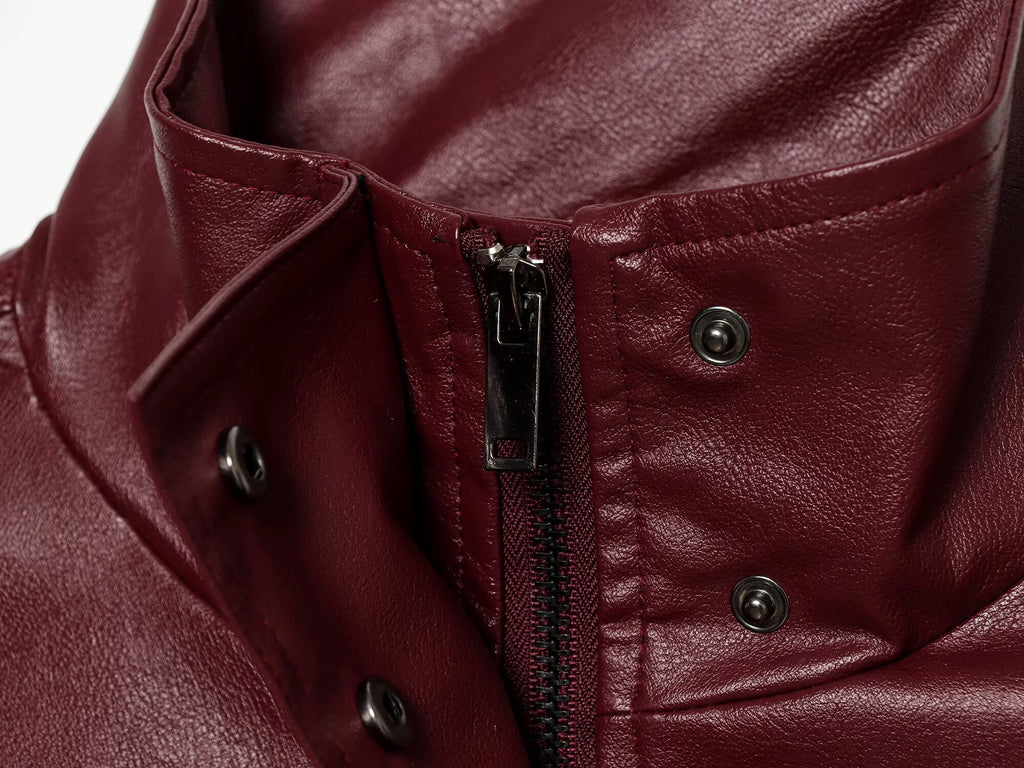 Women's with belt standing collar faux leather Coat
