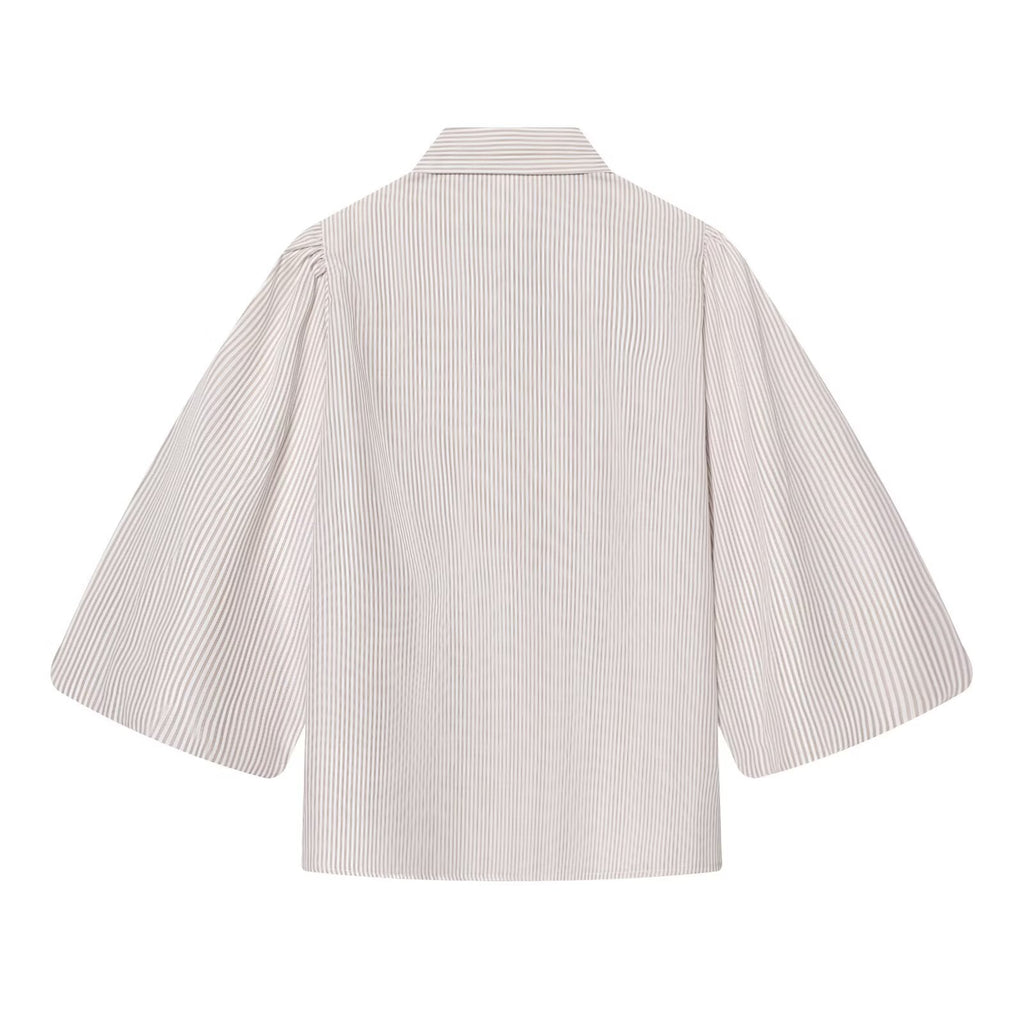 Women's bow decoration hollow striped shirt