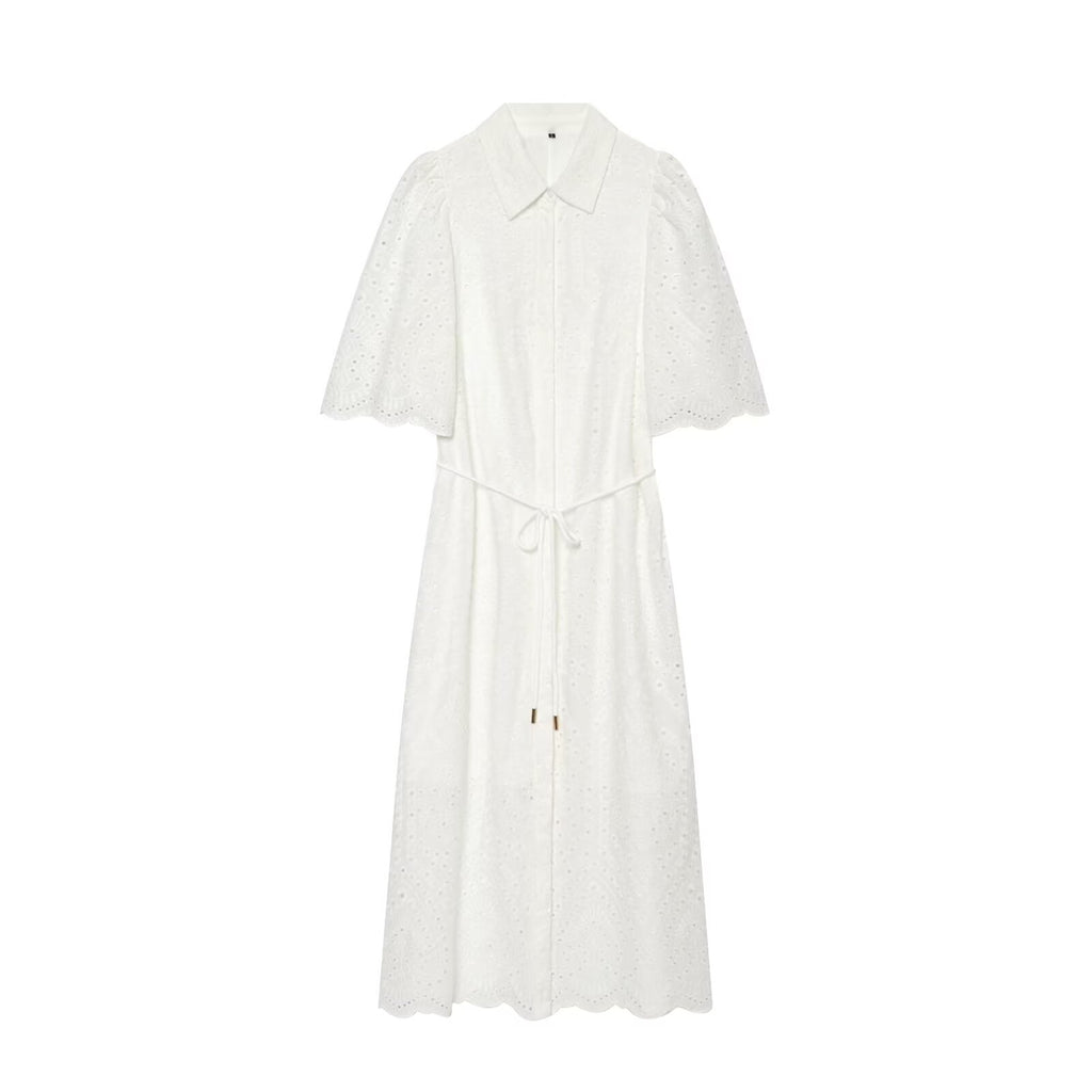 Women's hollowed out embroidered shirt style dress