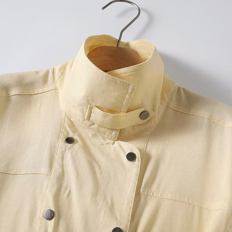 Women's casual linen blended stand collar shirt