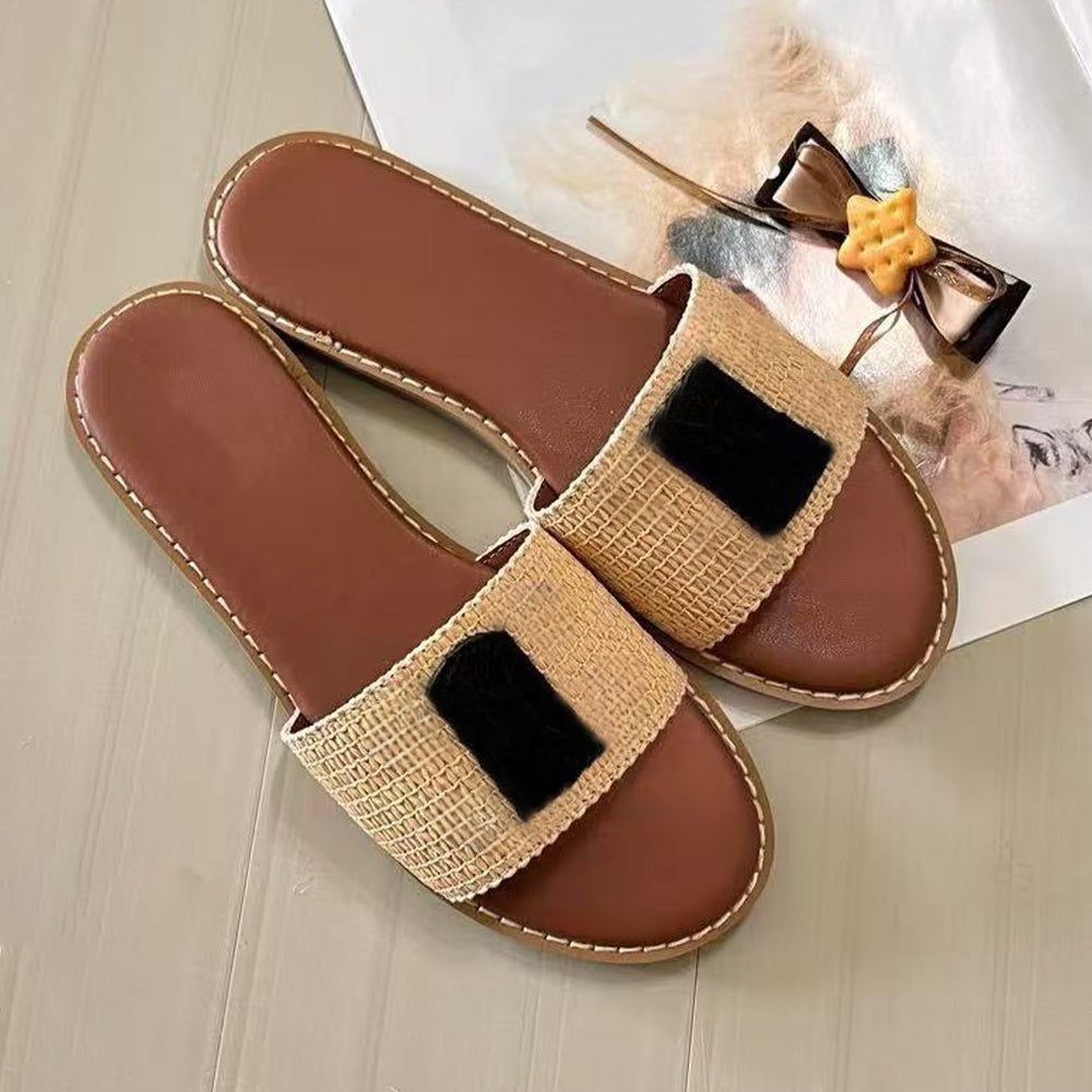 Women's new thin linen woven slippers have a shoe box
