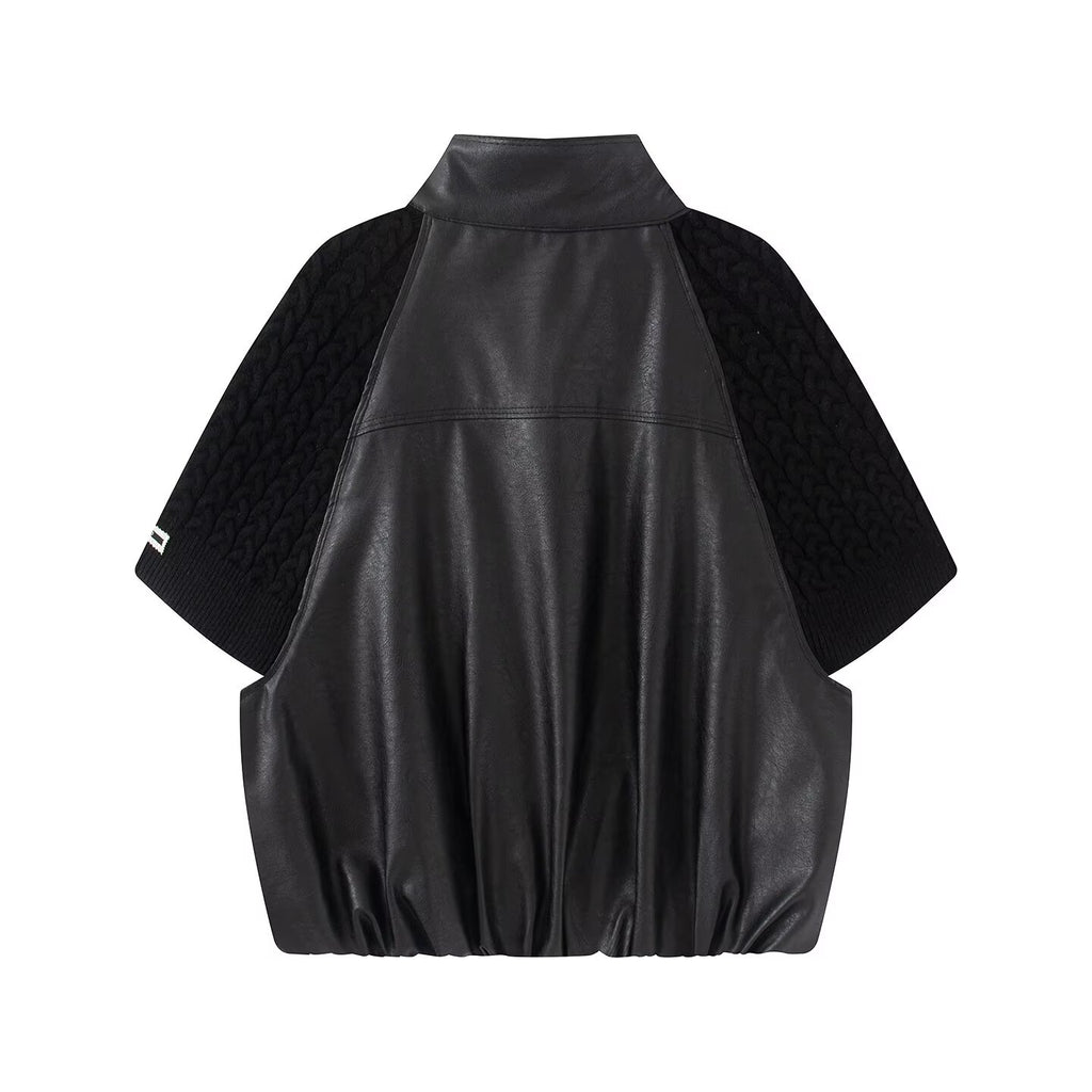 Women's casual knitted patchwork Faux Leather Coat