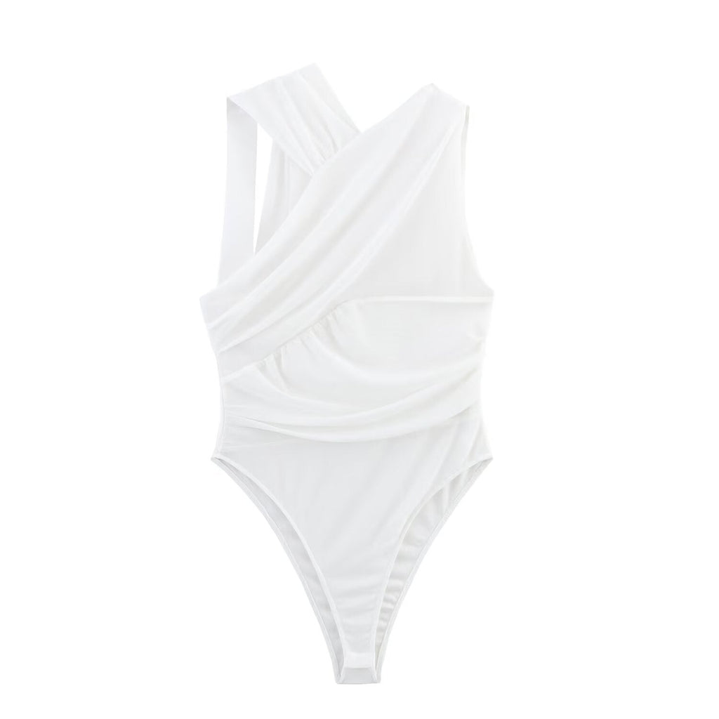 Women's 2025 new fashion tight pleated Printed tulle bodysuit