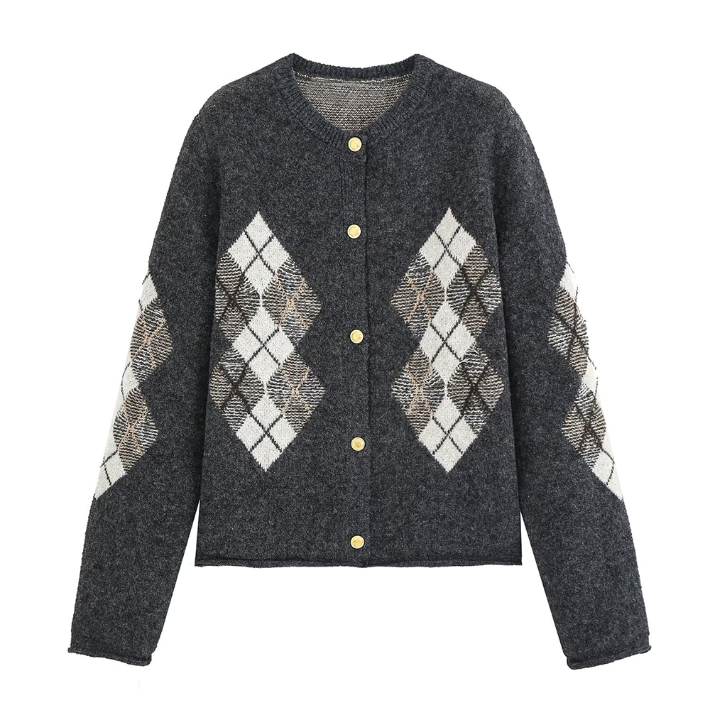 Women's O-Neck diamond patterned knitted Coat