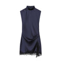 Women's lace patchwork satin texture mini dress