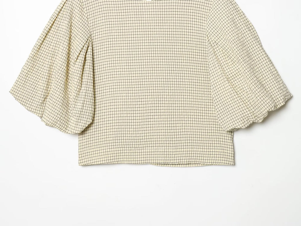 Women's O Neck balloon sleeve checkered top