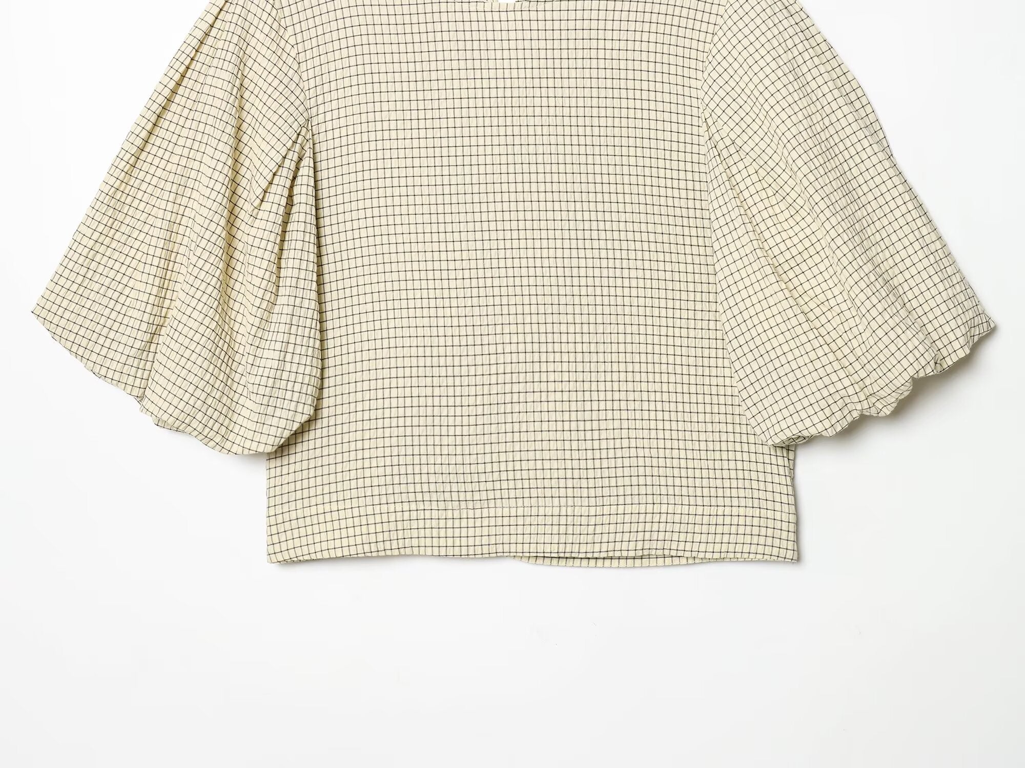 Women's O Neck balloon sleeve checkered top