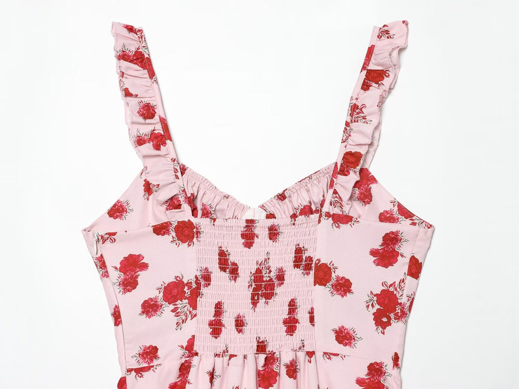 Women's printed ruffle edge suspender dress