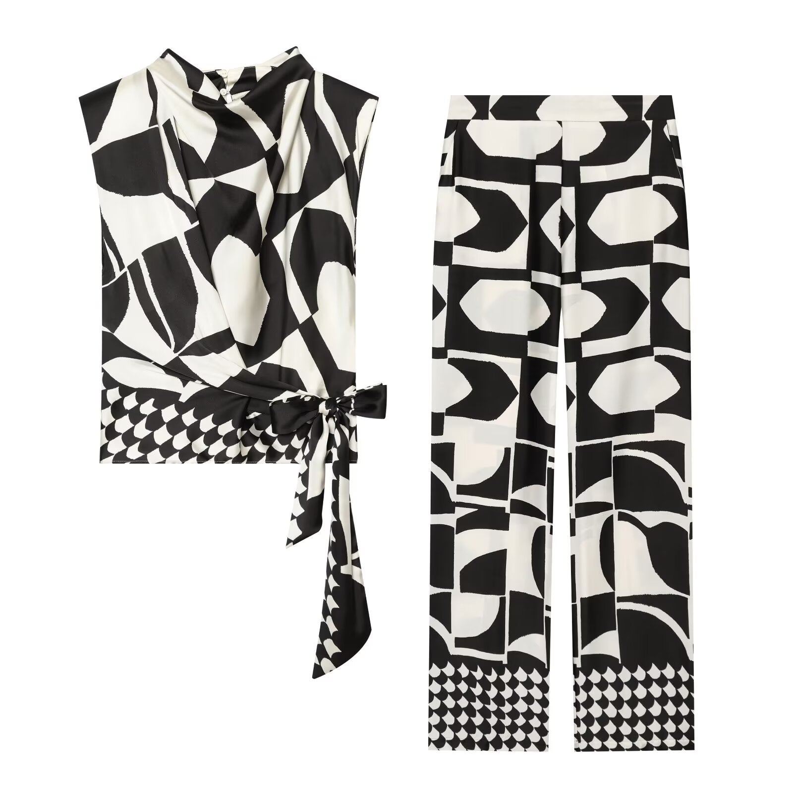 suit Women's 2 pieces geometric printed shoulder pad top+Pants