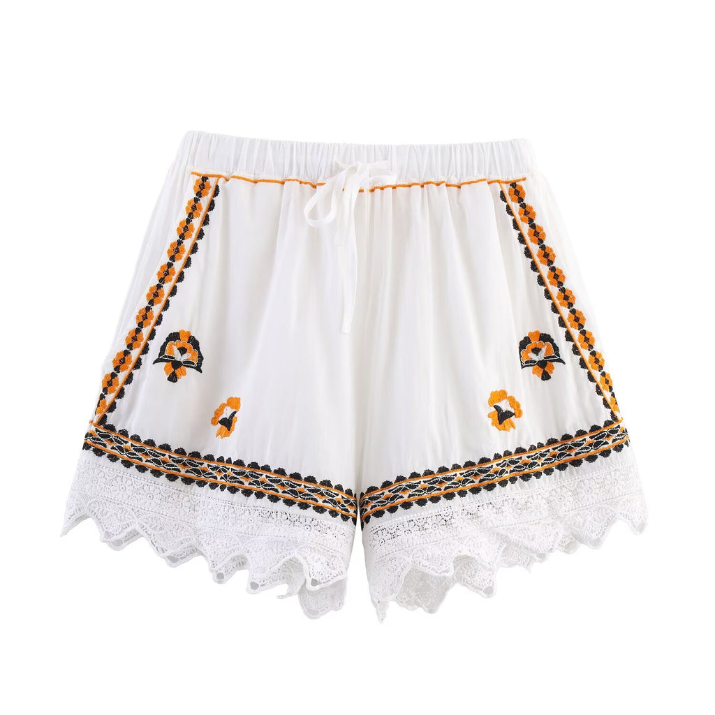 suit Women's 2 pieces casual embroidered V-neck shirt+Shorts