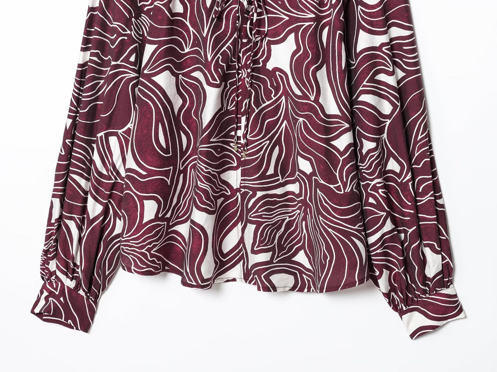 Women's new fashion lace up collar long sleeved printed shirts
