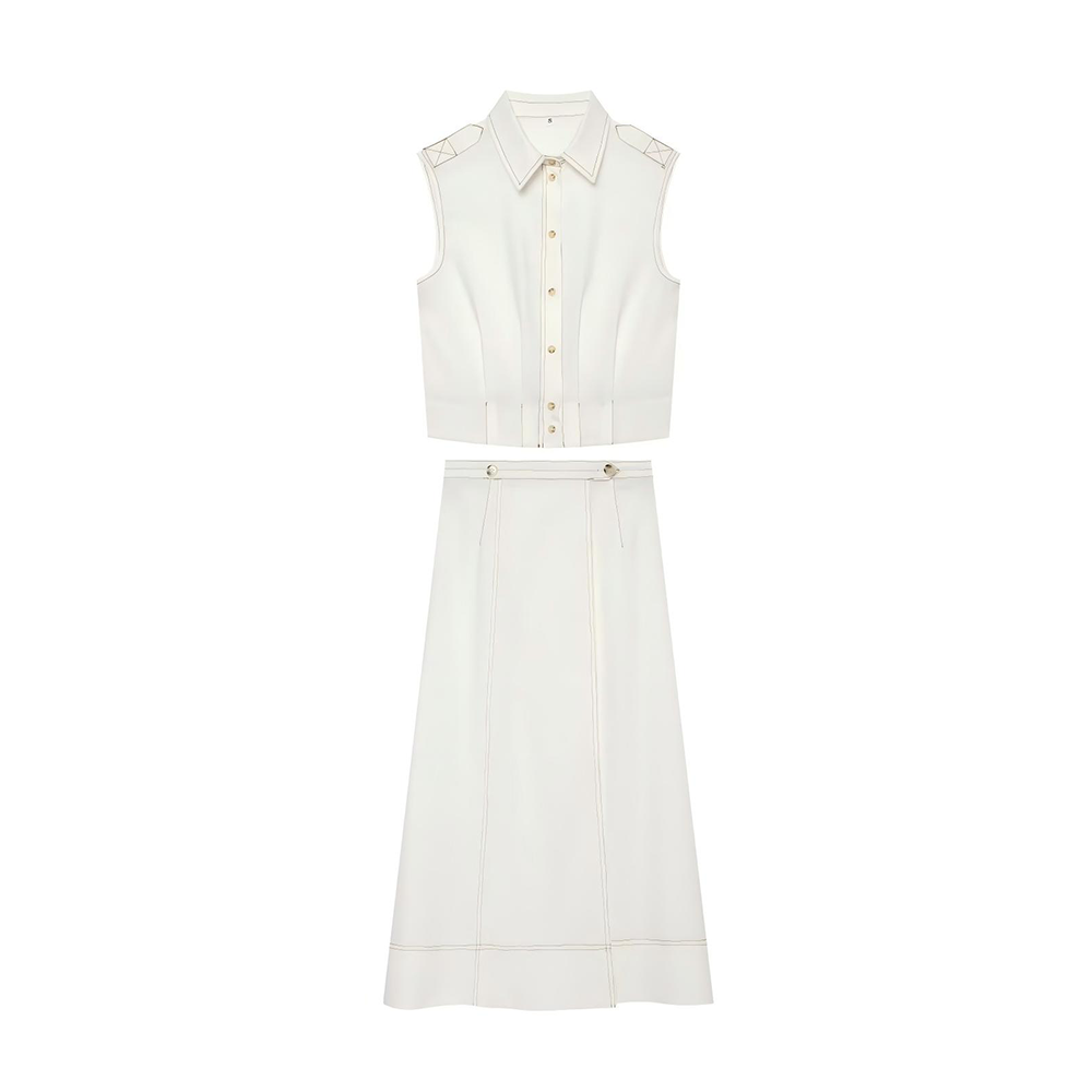 suit Women's 2 pieces Short Line Blended sleeveless Top+skirt