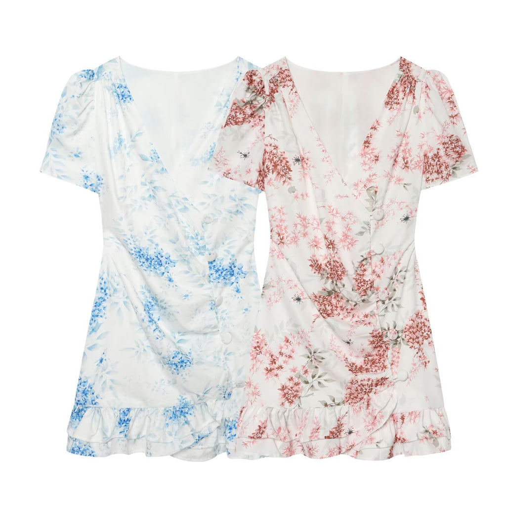 Women's ruffled V-neck printed dress