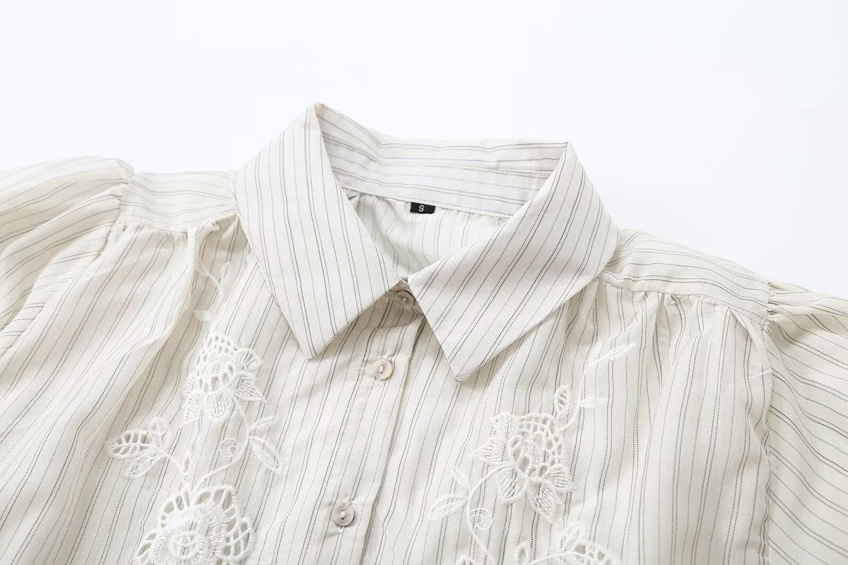 Women's hollowed out embroidered striped shirt