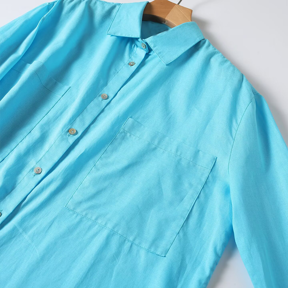 Women's pocket decoration long sleeved ramie shirt