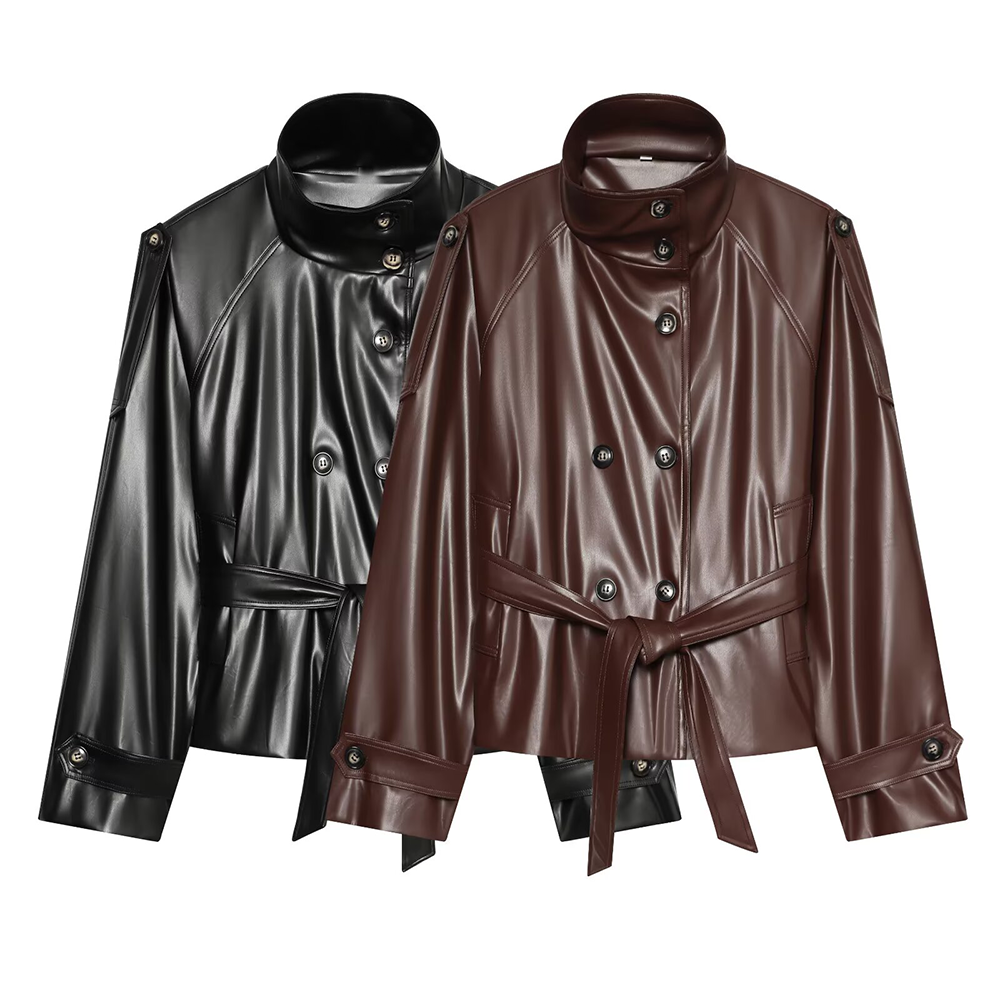 Women's with drawstring casual faux leather jacket