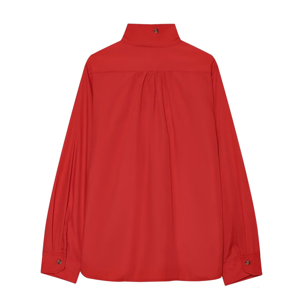 Women's pocket decoration casual stand collar shirt