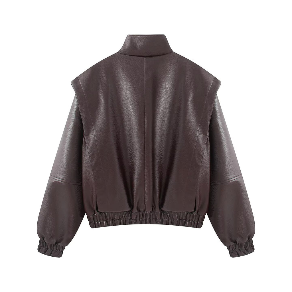 Women's stand collar fake two-piece Faux Leather jacket
