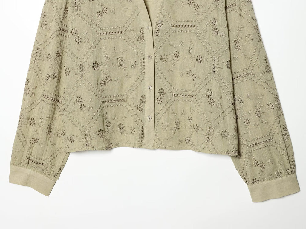 Women's hollowed out embroidered lapel shirt