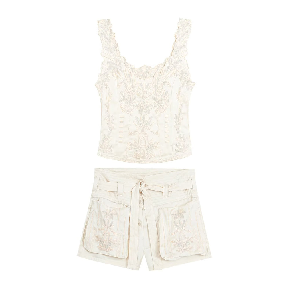 suit Women's 2 pieces embroidered vest style top+Shorts