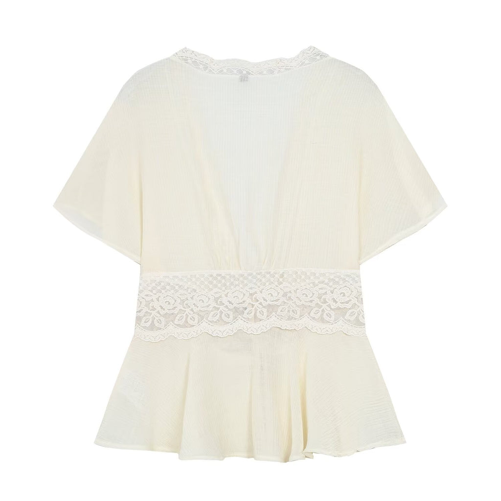 Women's lace patchwork V-neck top