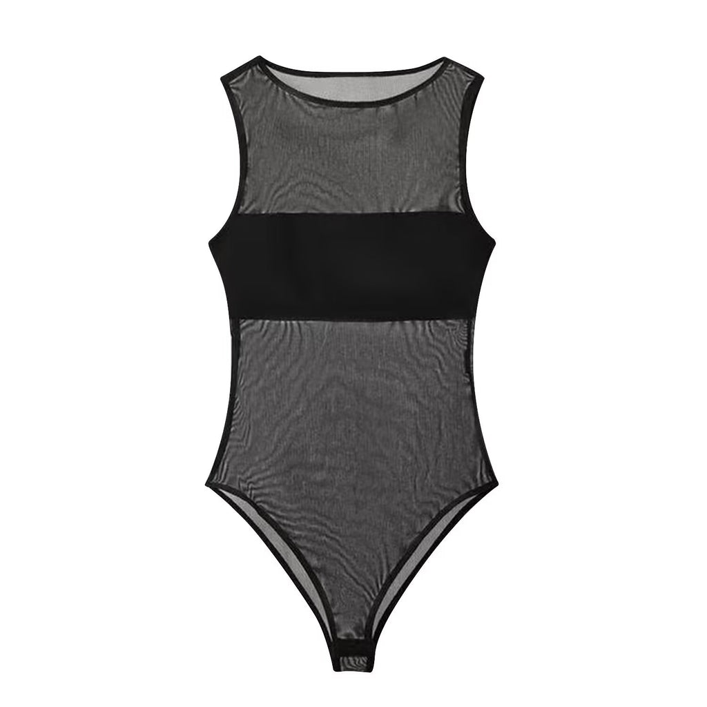 Women's sexy patchwork tulle bodysuit