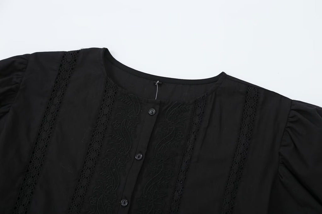 Women's hollowed out embroidered balloon sleeve shirt