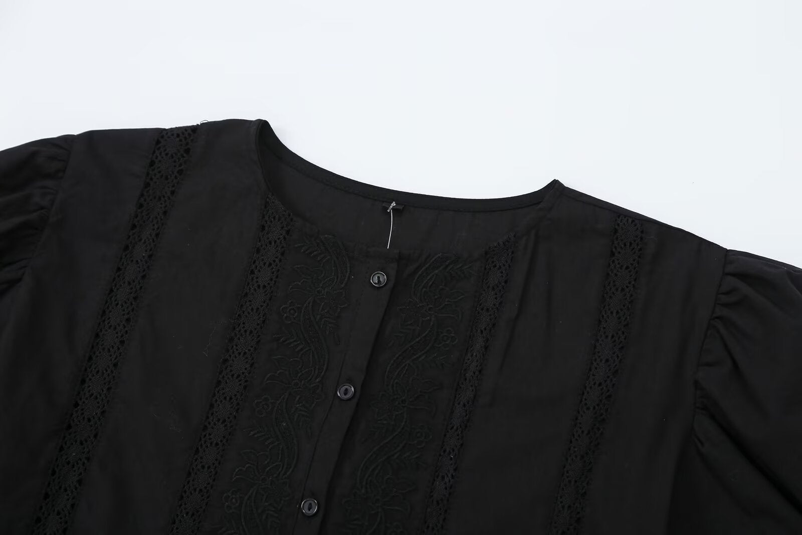 Women's hollowed out embroidered balloon sleeve shirt
