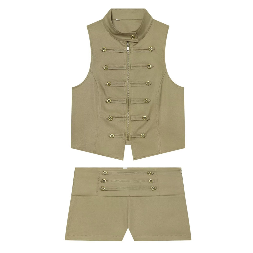suit Women's 2 pieces buckle decoration short zipper vest+shorts