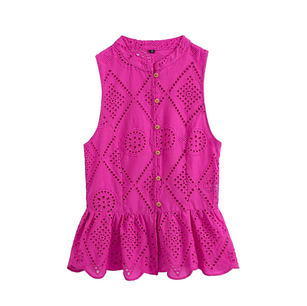 Women's short skirt style hemline hollowed out embroidery top