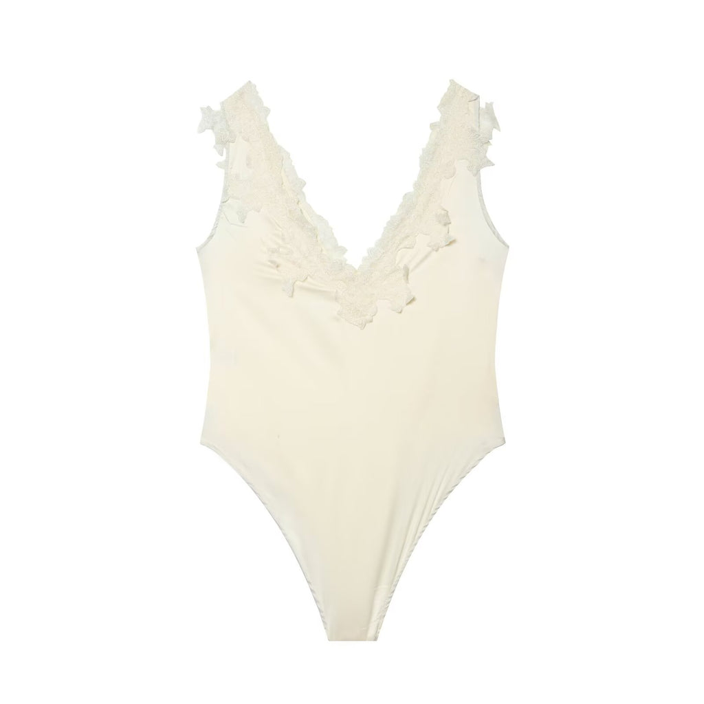 Women's lace decorated satin textured bodysuit