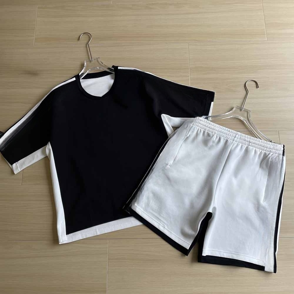2026 new casual black and white stitching digital printing short-sleeved T-shirt+cropped shorts