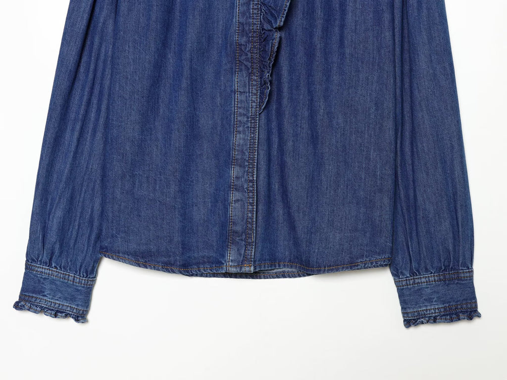 Women's pleated decorative casual denim shirt