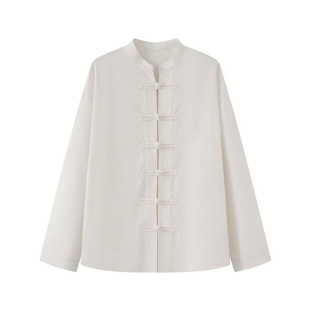Women's rope knot buckle loose linen blended shirt