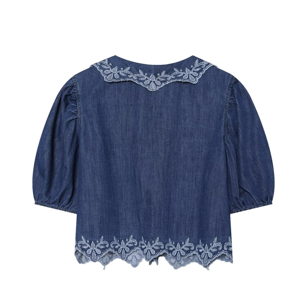 Women's embroidered short denim shirt
