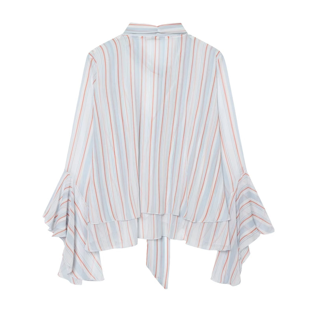 Women's striped ruffle edge ribbon top