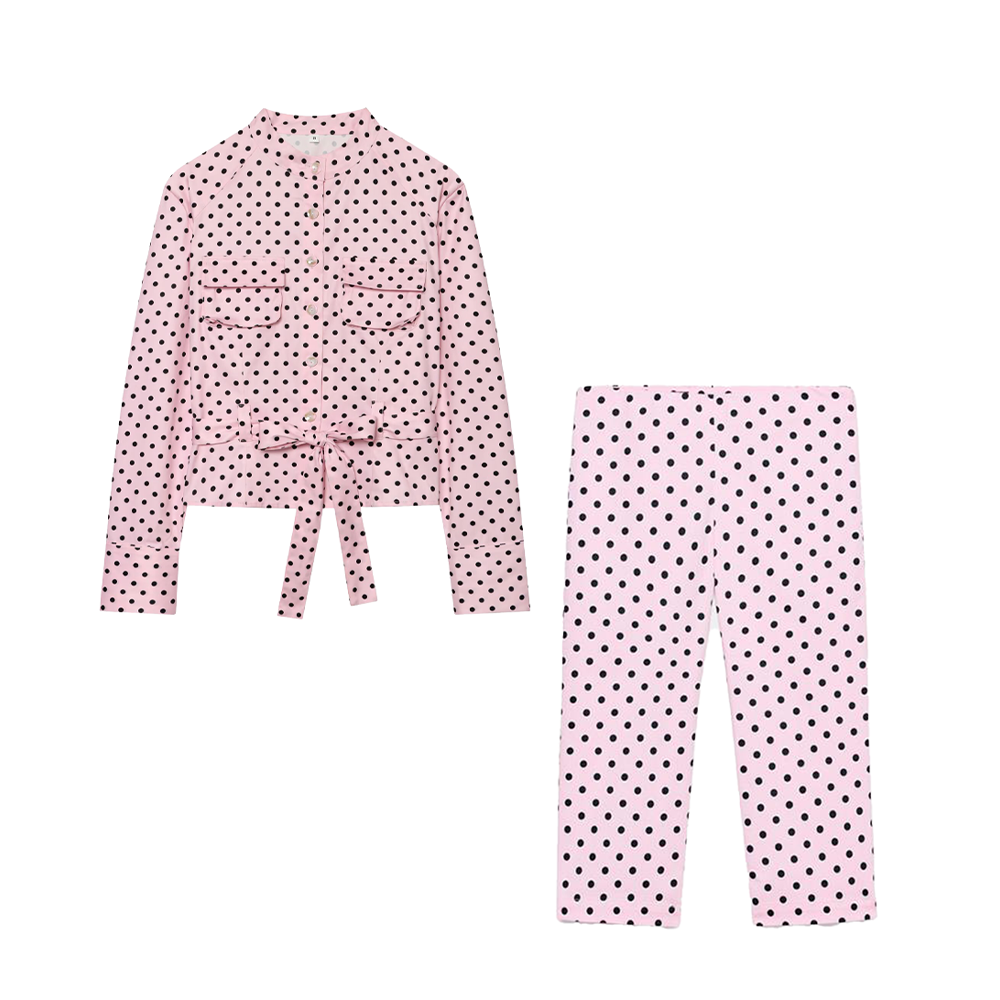 suit Women's 2 pieces With Belt polka dot shirt style Coat+Pants