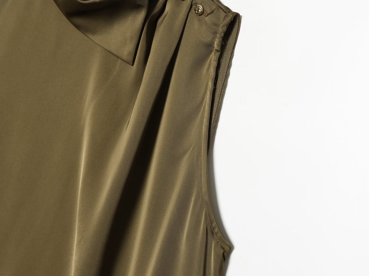 Women's shoulder button decoration satin textured top