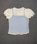 Women's new casual bubble sleeve fake two-piece short-sleeved T-shirt