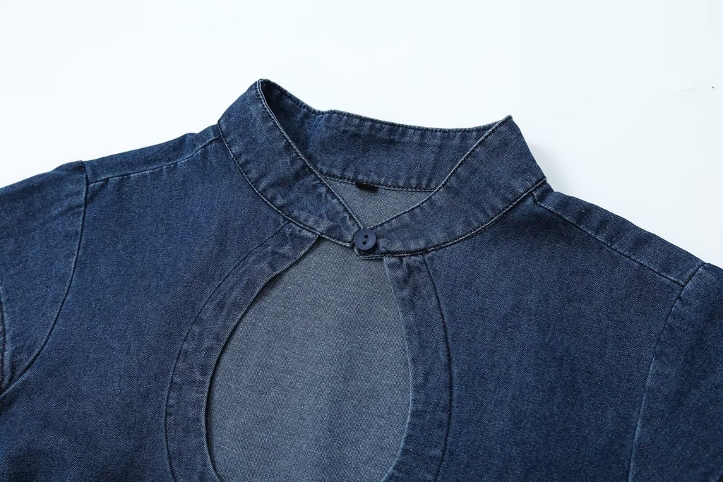 suit Women's 2 pieces denim effect breasted top+pleated jeans