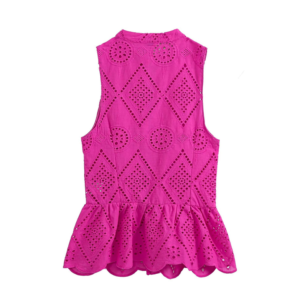 Women's short skirt style hemline hollowed out embroidery top