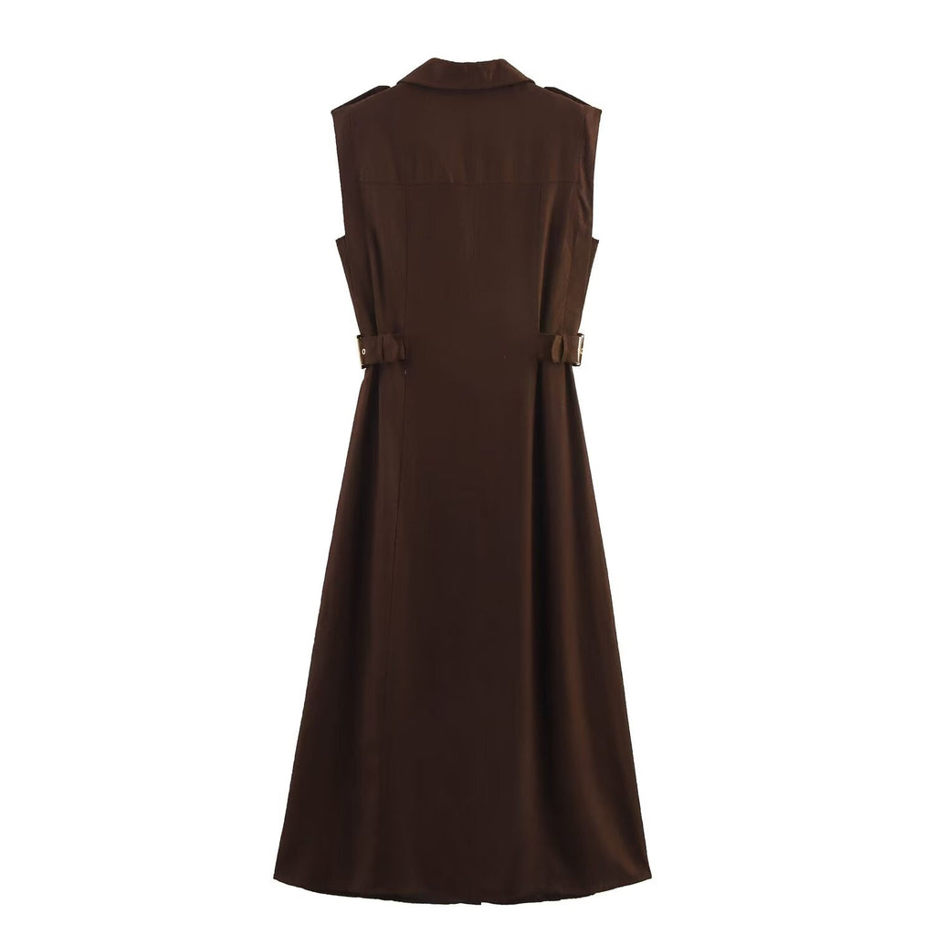 Women's new chic fashion flip decoration casual single breasted linen blended MIDI dress retro sleeveless women's dress