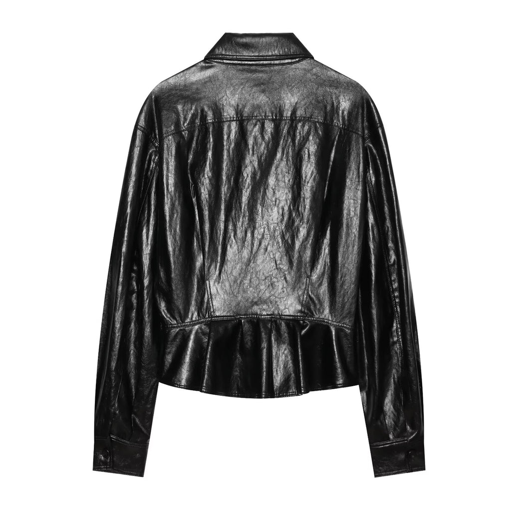Women's short skirt style hem leather effect jacket