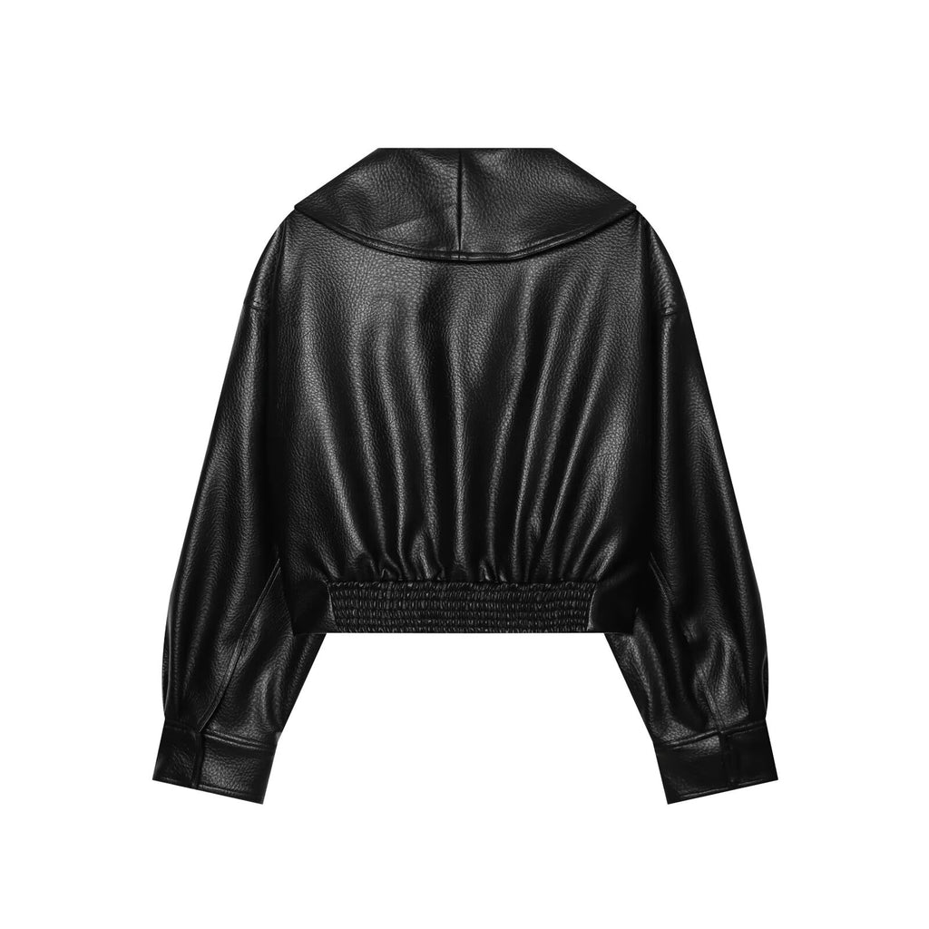 Women's metal buckle decorative lapel faux leather jacket