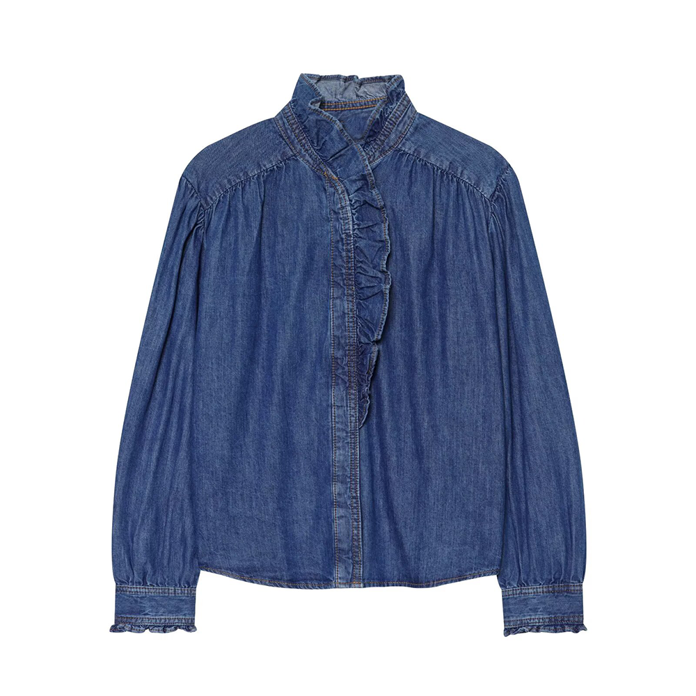 Women's pleated decorative casual denim shirt