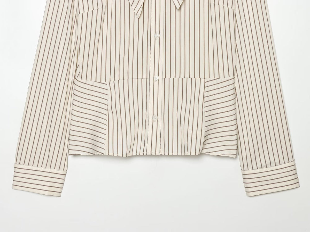 Women's bow decoration stand collar striped shirt