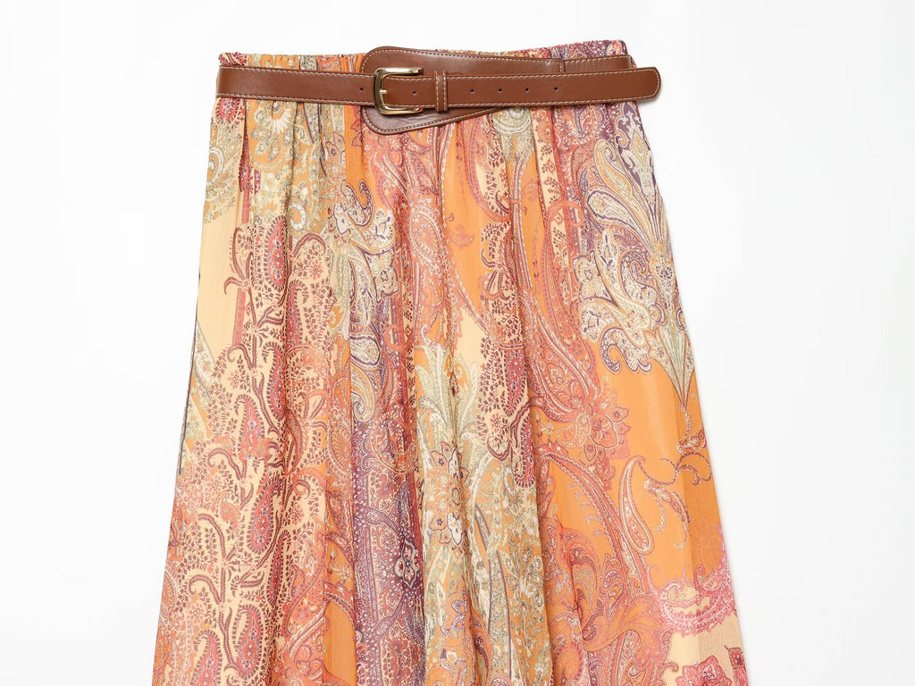 Women's With Belt Printed Midi Skirt