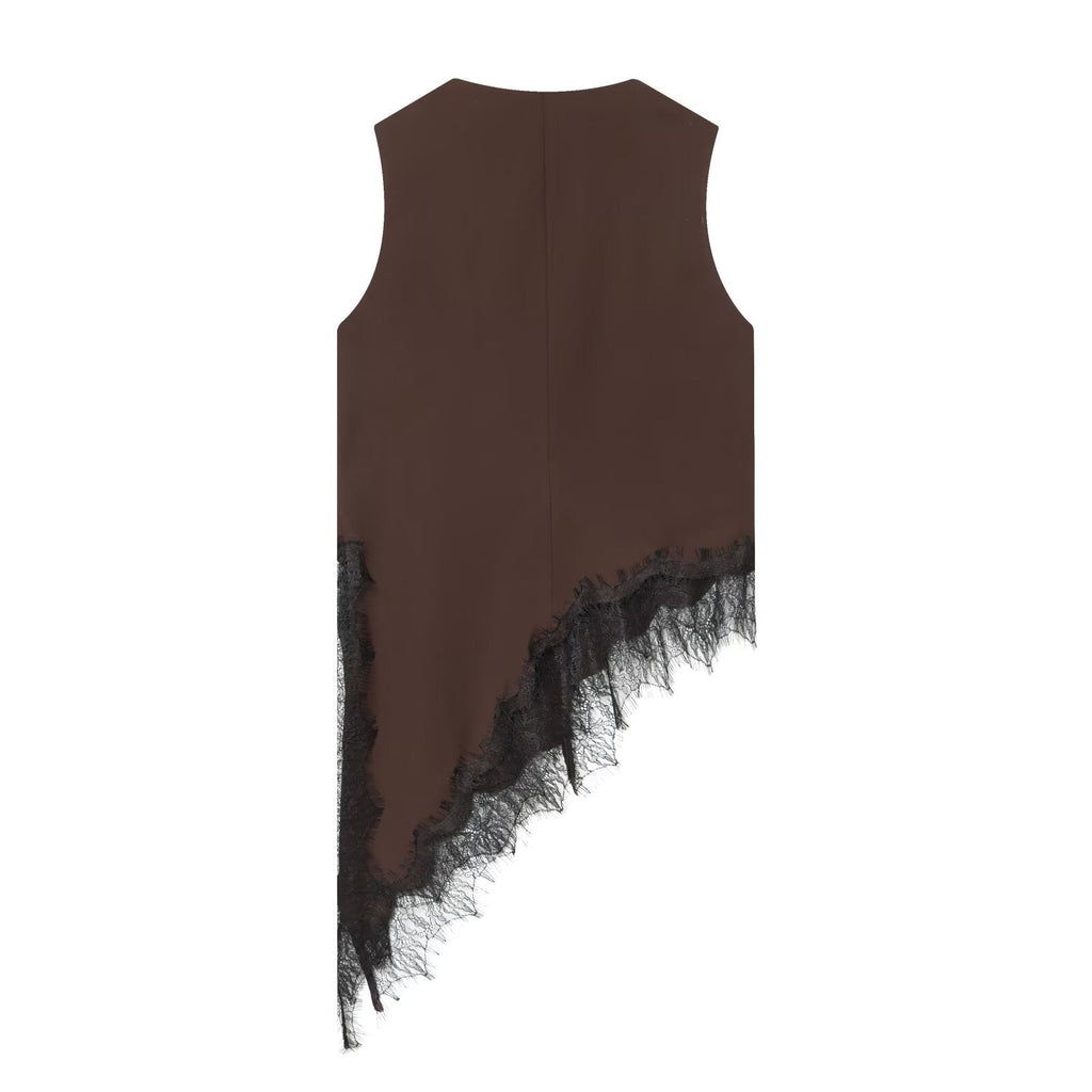 Women's lace decoration V-neck asymmetrical top
