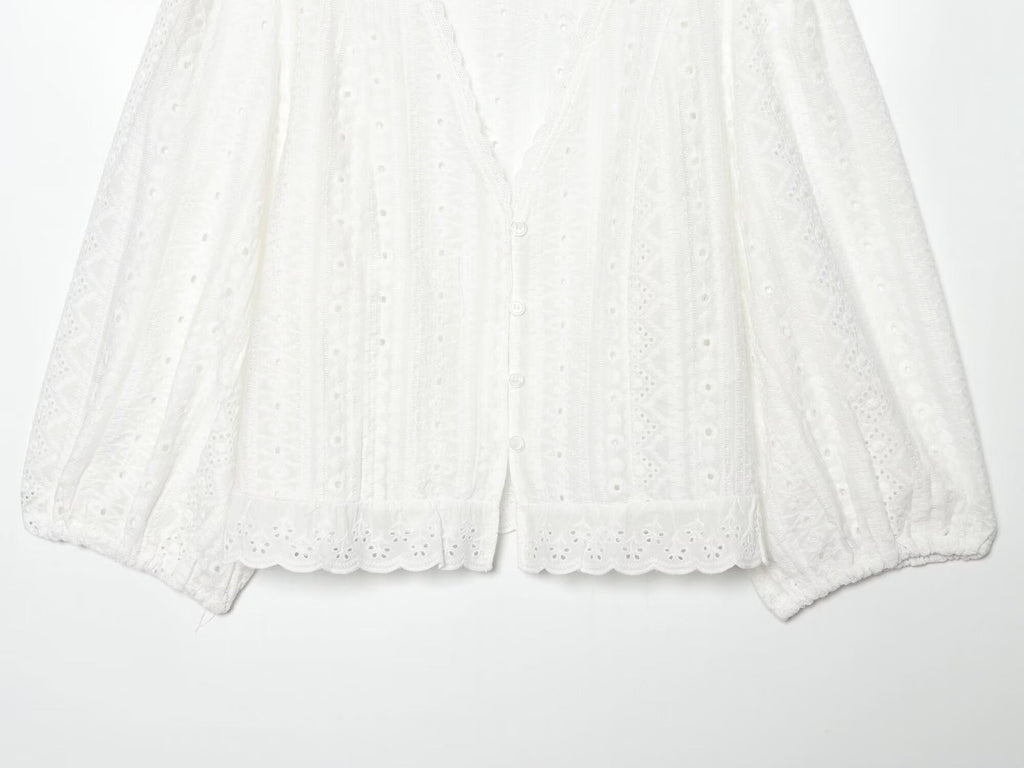 Women's hollowed out embroidered V-neck shirt